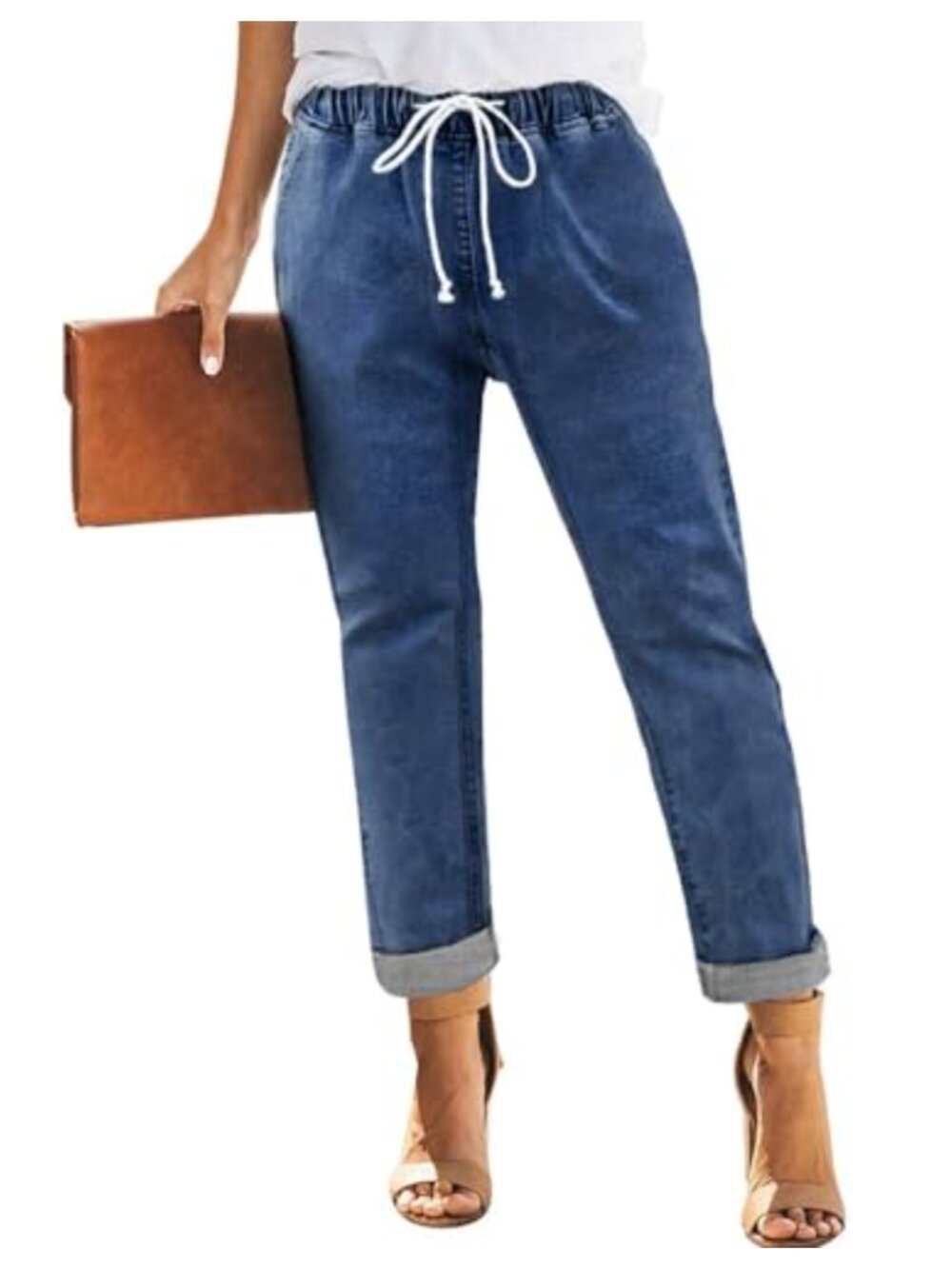 Women's Denim Joggers Pull-On Stretch Jeans Elastic Waist Drawstring Pants